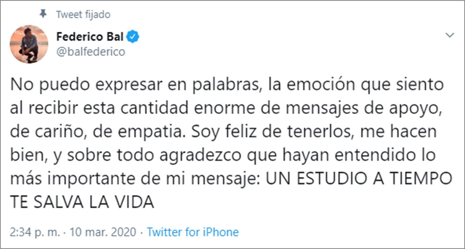 Federico Bal decidió hacer público su diagnóstico por las redes sociales (Foto: Twitter)