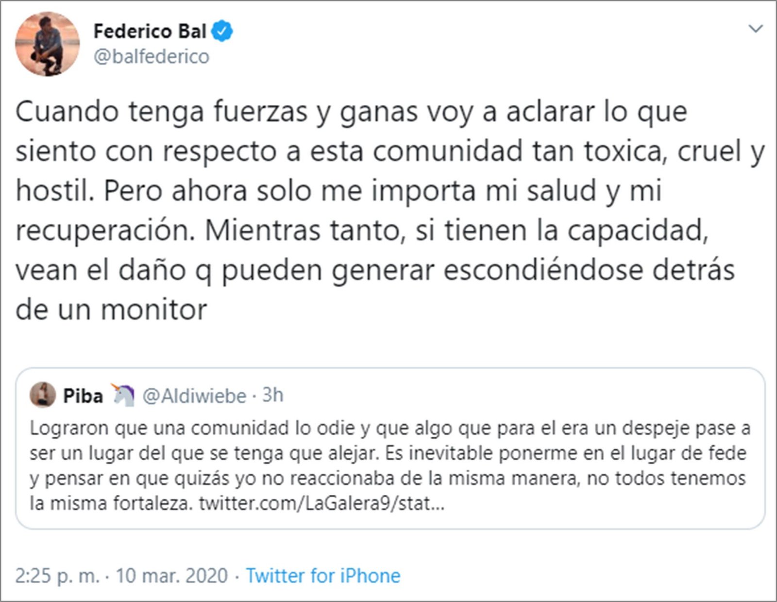 "Ahora, solo me importa mi salud", señaló Fede (Foto: Twitter)