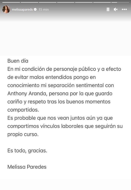 Melissa Paredes dio a conocer su ruptura con Anthony Aranda.
