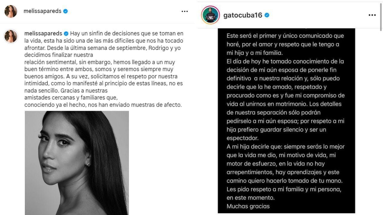 Comunicados de Melissa Paredes y Rodrigo Cuba luego del ampay que terminó con su matrimonio.