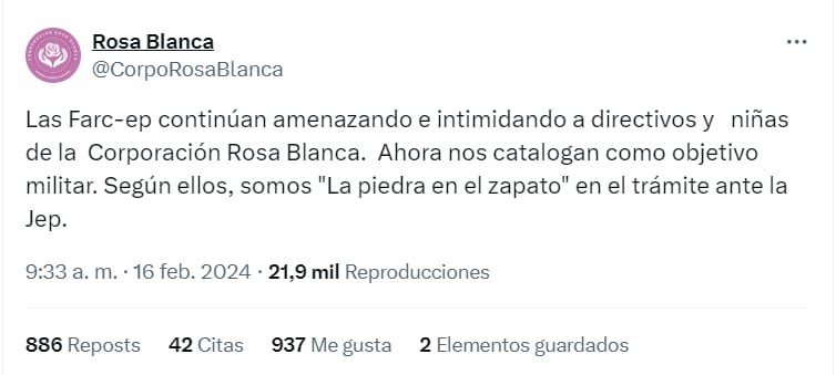 Tuit de la Corporación Rosa Blanca