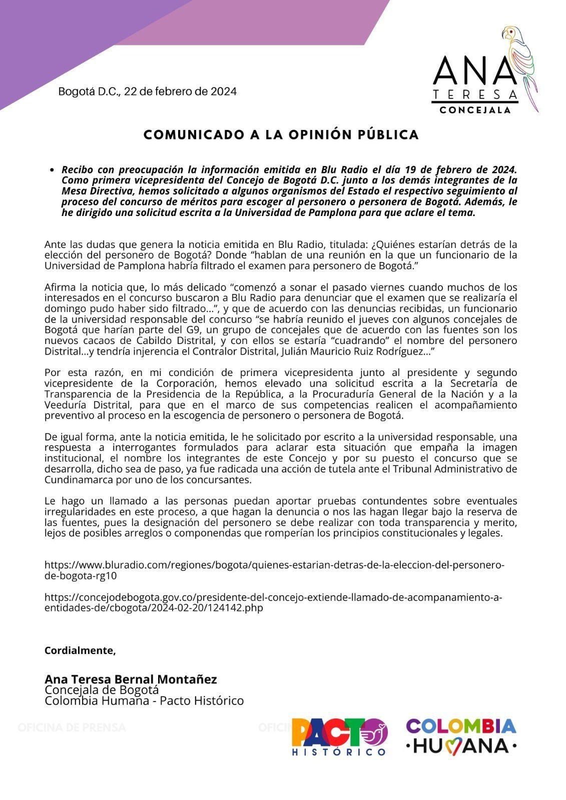 Ana Teresa Bernal pide a instituciones colombianas vigilar el proceso de escogencia del siguiente personero - crédito Prensa María Teresa Bernal