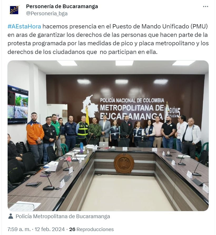 La Personería de Bucaramanga ha dispuesto un equipo para garantizar el derecho a la protesta - crédito red social X