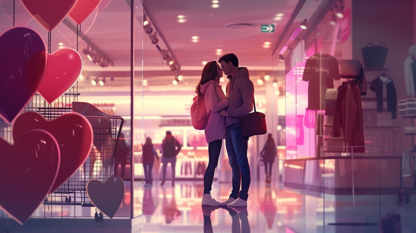 Compras de San Valentín, elecciones de pareja, ambientes románticos en centros comerciales, intercambio de regalos - (Imagen Ilustrativa Infobae)
