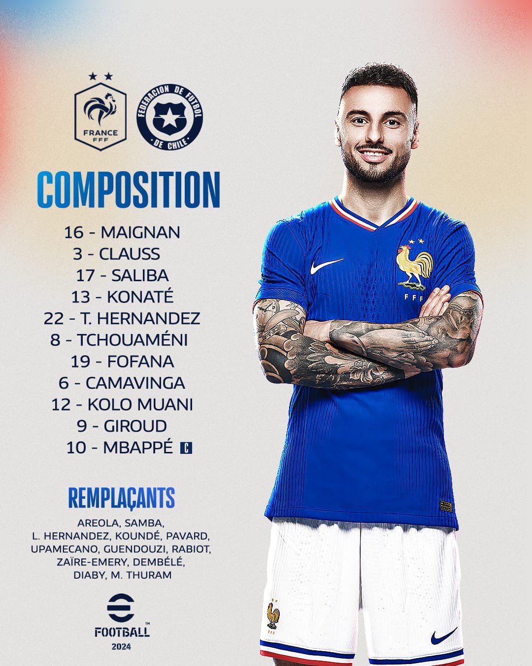 Equipo titular de Francia para enfrentar a Chile en duelo amistoso por fecha FIFA.
