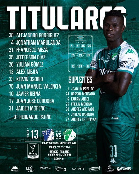 Deportivo Cali presentó sus once hombres para el partido contra Millonarios en El Campín - crédito Deportivo Cali Oficial