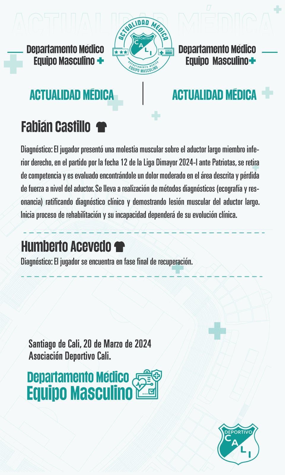 El club Deportivo Cali informó que hay dos jugadores que no podrán viajar con el equipo a Bogotá - crédito Deportivo Cali Oficial