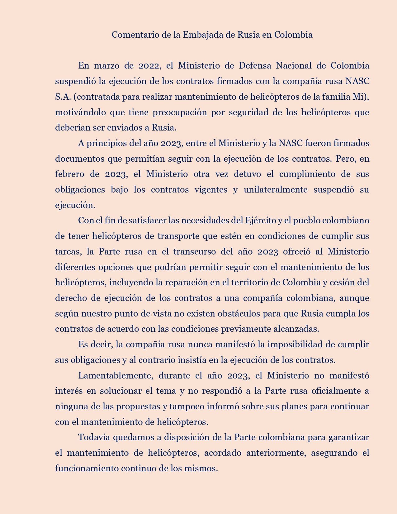La Embajada de Rusia en Colombia aclaró que el conflicto con Ucrania no impide que se realice mantenimiento a los helicópteros - crédito @RusiaColombia / X.
