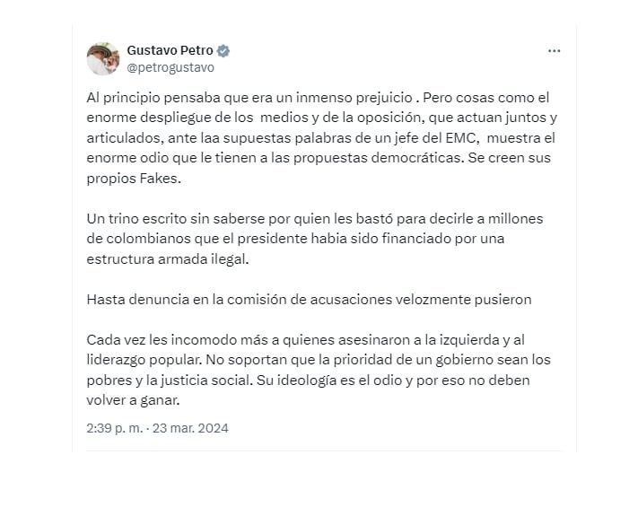 El presidente cuestionó que se haya entablado una denuncia en su contra, así como que se haya amplificado un trino con información falsa sobre un apoyo del EMC a su campaña, que después un miembro de la guerrilla desmintió - crédito @petrogustavo/X