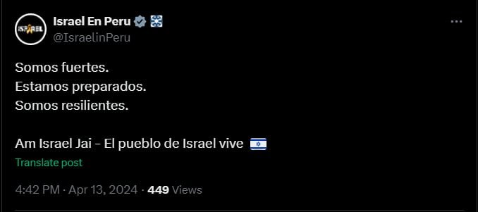 Embajada de Israel en Perú condena ataque de Irán. (Foto: X)