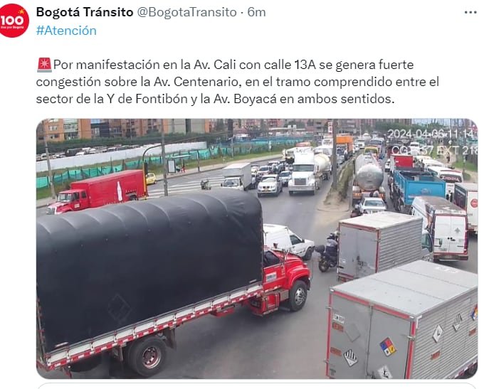 Ni para adelante ni para atrás en la avenida Cali con 13A - crédito @BogotaTransito/X