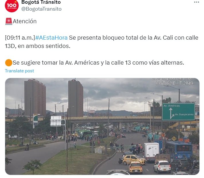 Bloqueo por manifestaciones en la avenida Ciudad de Cali - crédito @BogotaTransito/X