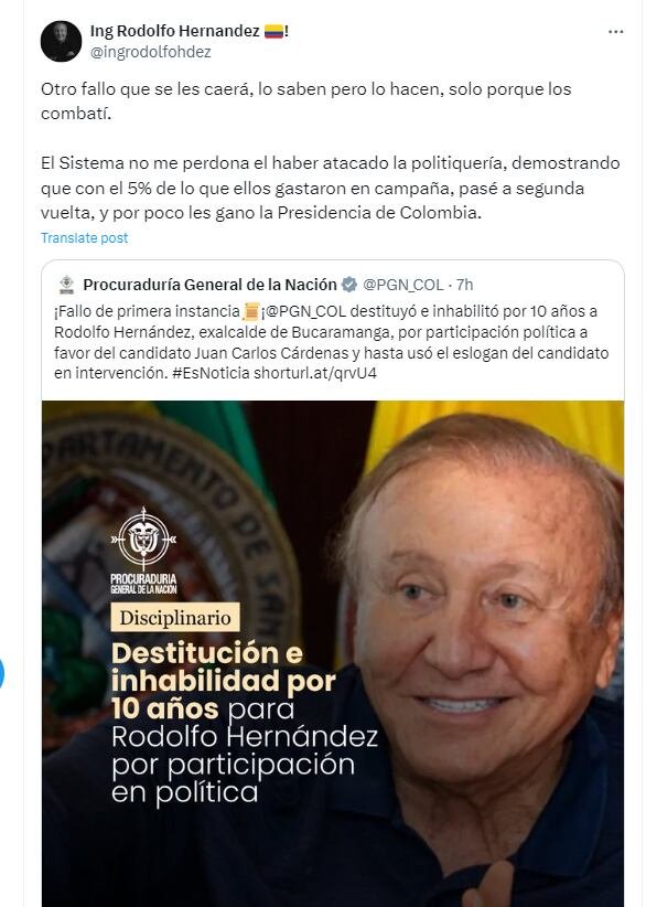 Rodolfo Hernández respondió a la Procuraduría tras ser inhabilitado por participar en política - crédito @ingrodolfohdez/X