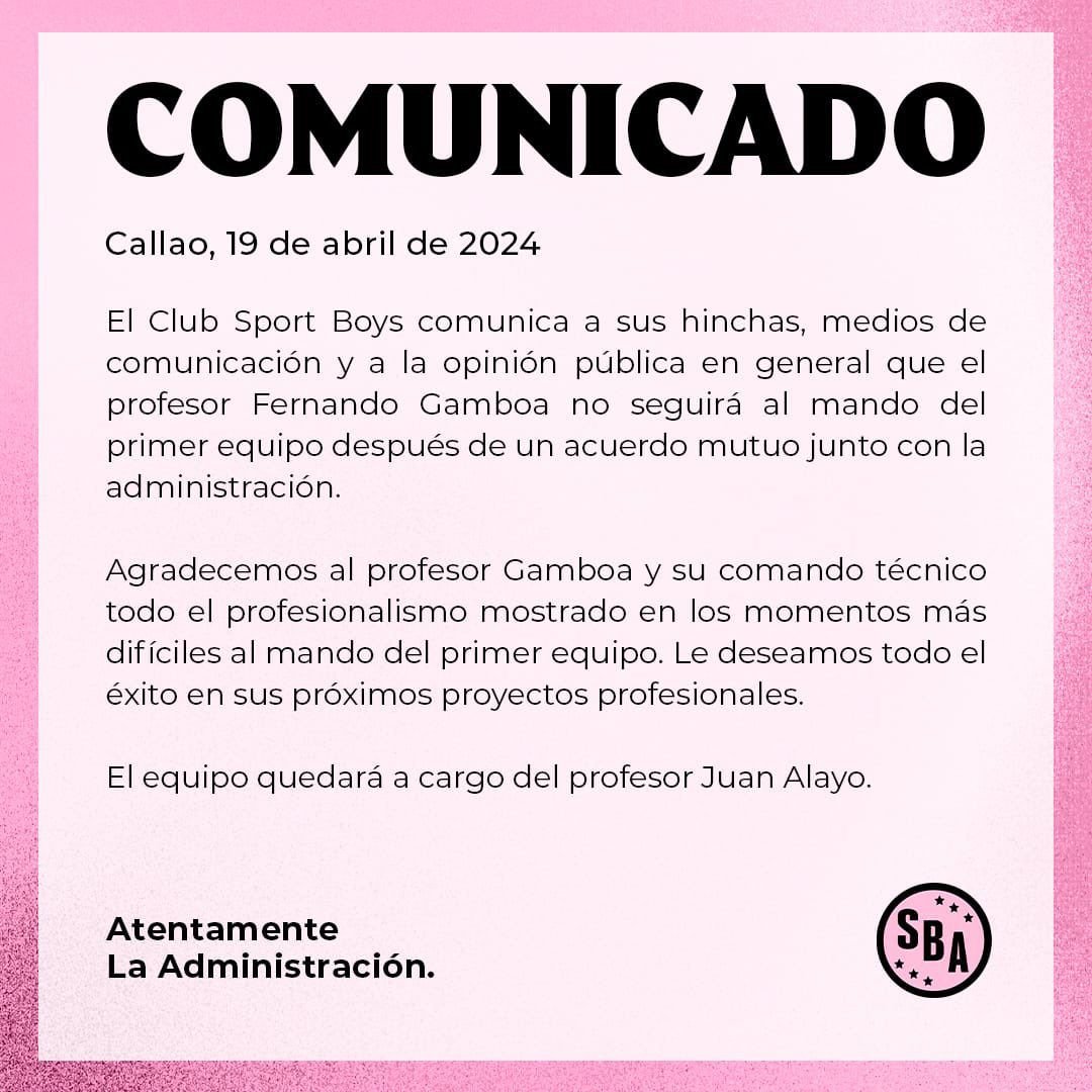 Comunicado de Sport Boys confirmando la salida del técnico Fernando Gamboa.