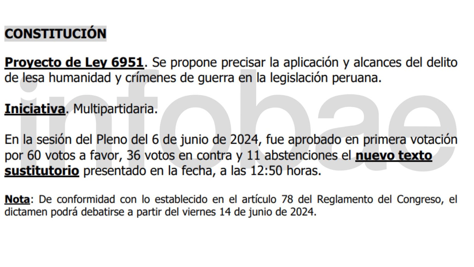 Congreso agenda votación de la ley de impunidad, o nueva ley de amnistía, que prescribe delitos de lesa humanidad para después del 14 de junio. Infobae Perú.