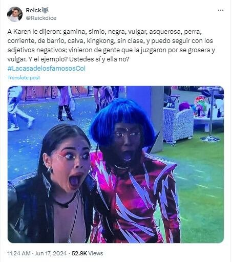 El público reaccionó a favor de la victoria de Karen Sevillano en 'La casa de los famosos Colombia' - crédito @Reickdice/X