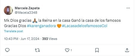 La victoria de Karen Sevillano en 'La casa de los famosos Colombia' dejó varias reacciones divididas en las redes sociales - crédito @Macela3348/X