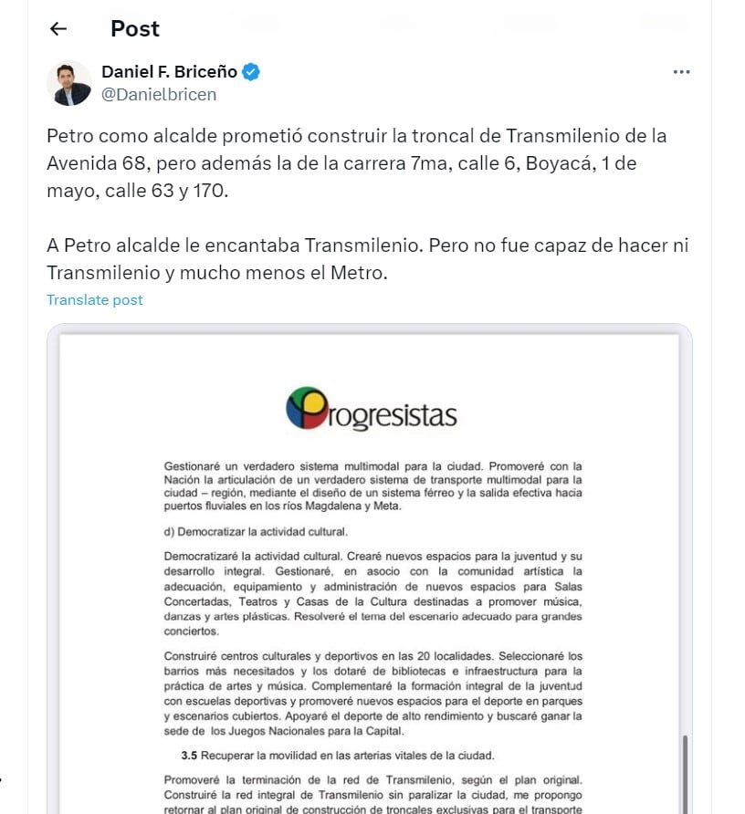 Daniel Briceño le responde a Gustavo Petro por crítica a Enrique Peñalosa - crédito @Danielbricen