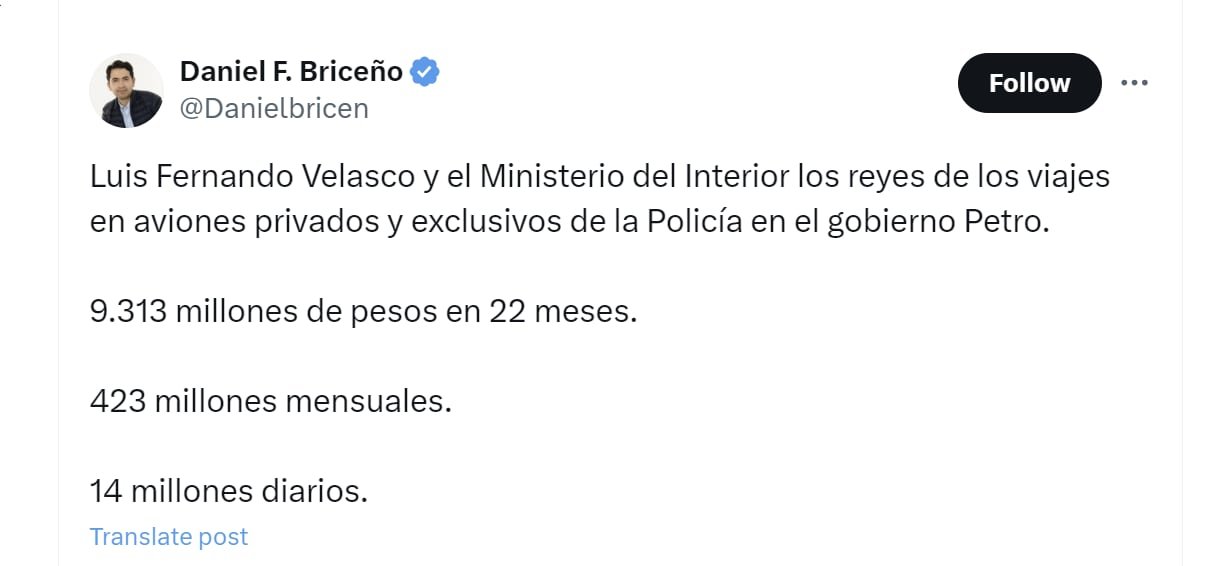 Daniel Briceño aseguró que el Ministerio del Interior gastó $423 millones mensuales en viajes en aviones privados durante 22 meses - crédito @Danielbricen/X