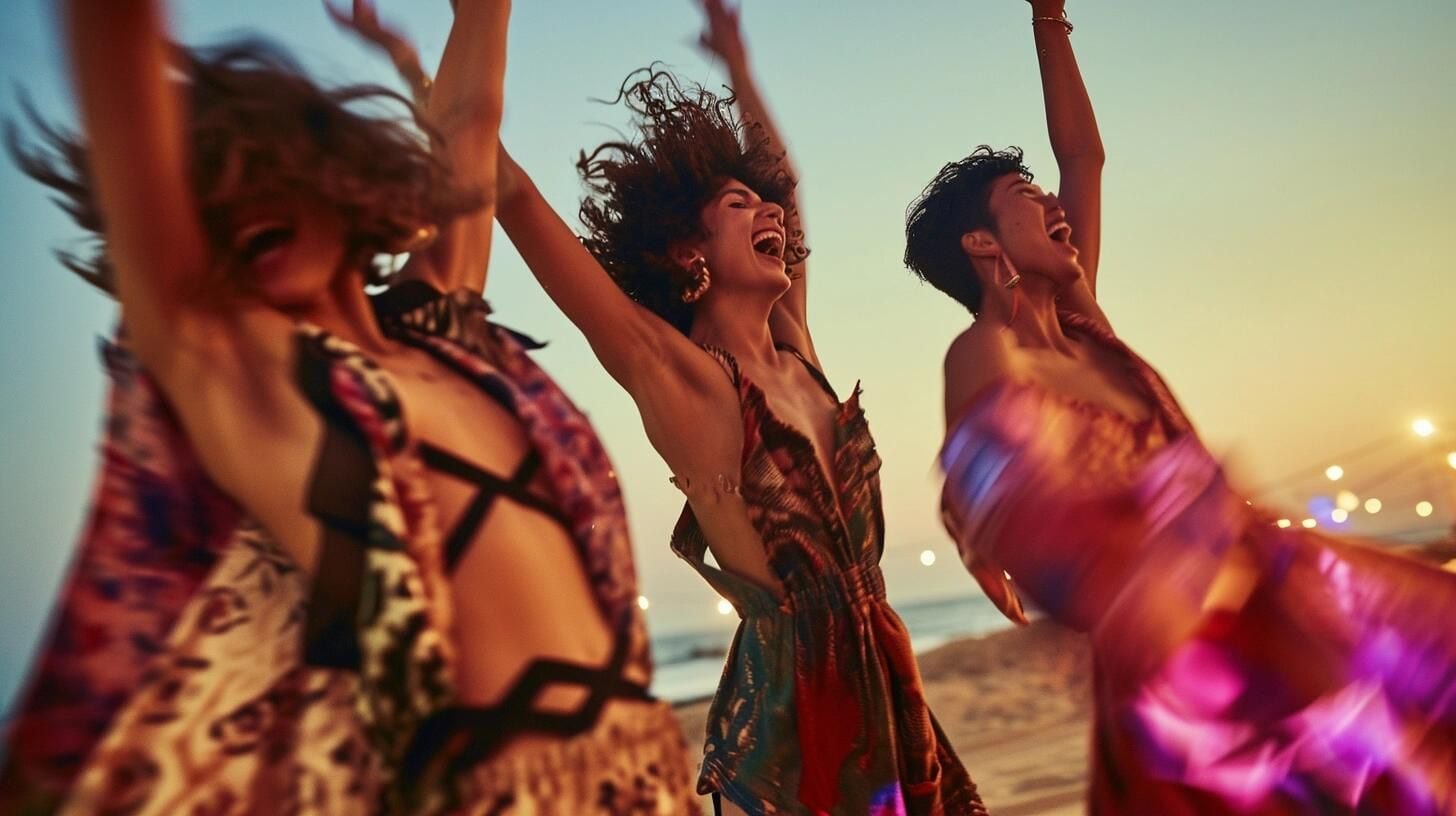 Mujeres jóvenes disfrutando de un baile enérgico en la playa por la noche, vestidas con atuendos modernos y a la moda. La fotografía transmite la atmósfera vibrante de la vida nocturna en vacaciones, donde el baile se convierte en una expresión de alegría y descanso. (Imagen ilustrativa Infobae)