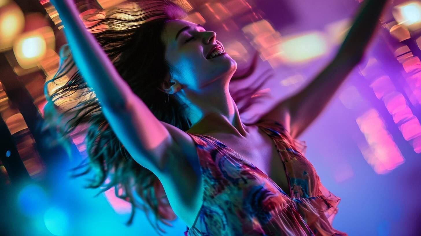 Bailarina sumida en el éxtasis de la música, su cuerpo fluye con arte y energía, iluminada por un espectro de luces vibrantes que acentúan cada movimiento, simbolizando la alegría y el arte del movimiento. (Imagen ilustrativa Infobae)