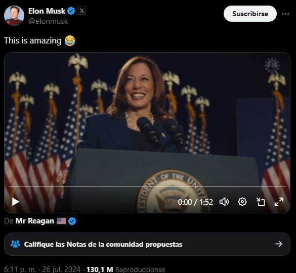 El dueño de X reposteo el video, que está hecho con IA para suplantar la voz de Kamala Harris. (X)