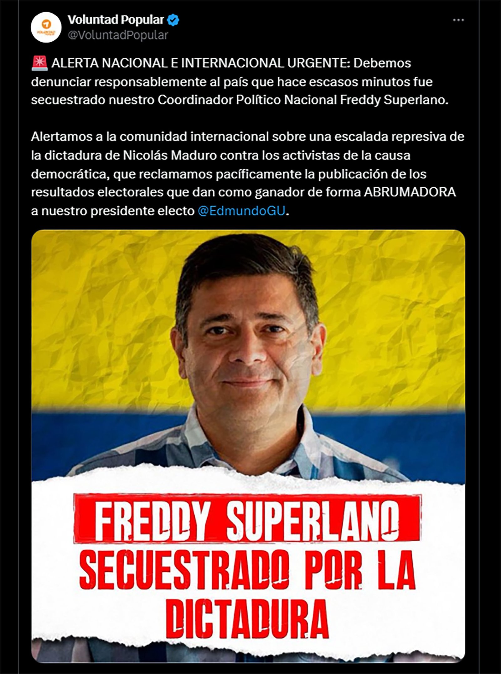 El régimen de Maduro secuestró al dirigente opositor venezolano Freddy Superlano en Caracas