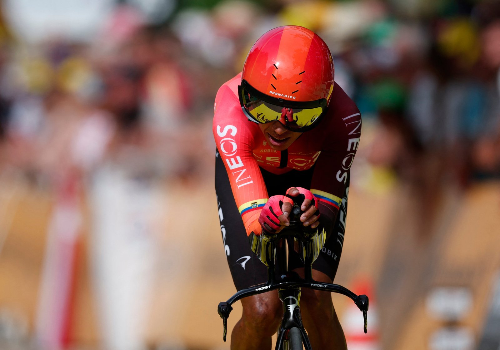 Cycling - Tour de France - Stage 7 - Nuits-Saint-Georges to Gevrey-Chambertin - Nuits-Saint-Georges, France - July 5, 2024 INEOS Grenadiers' Egan Bernal crosses the finish line after stage 7 REUTERS/Stephane Mahe