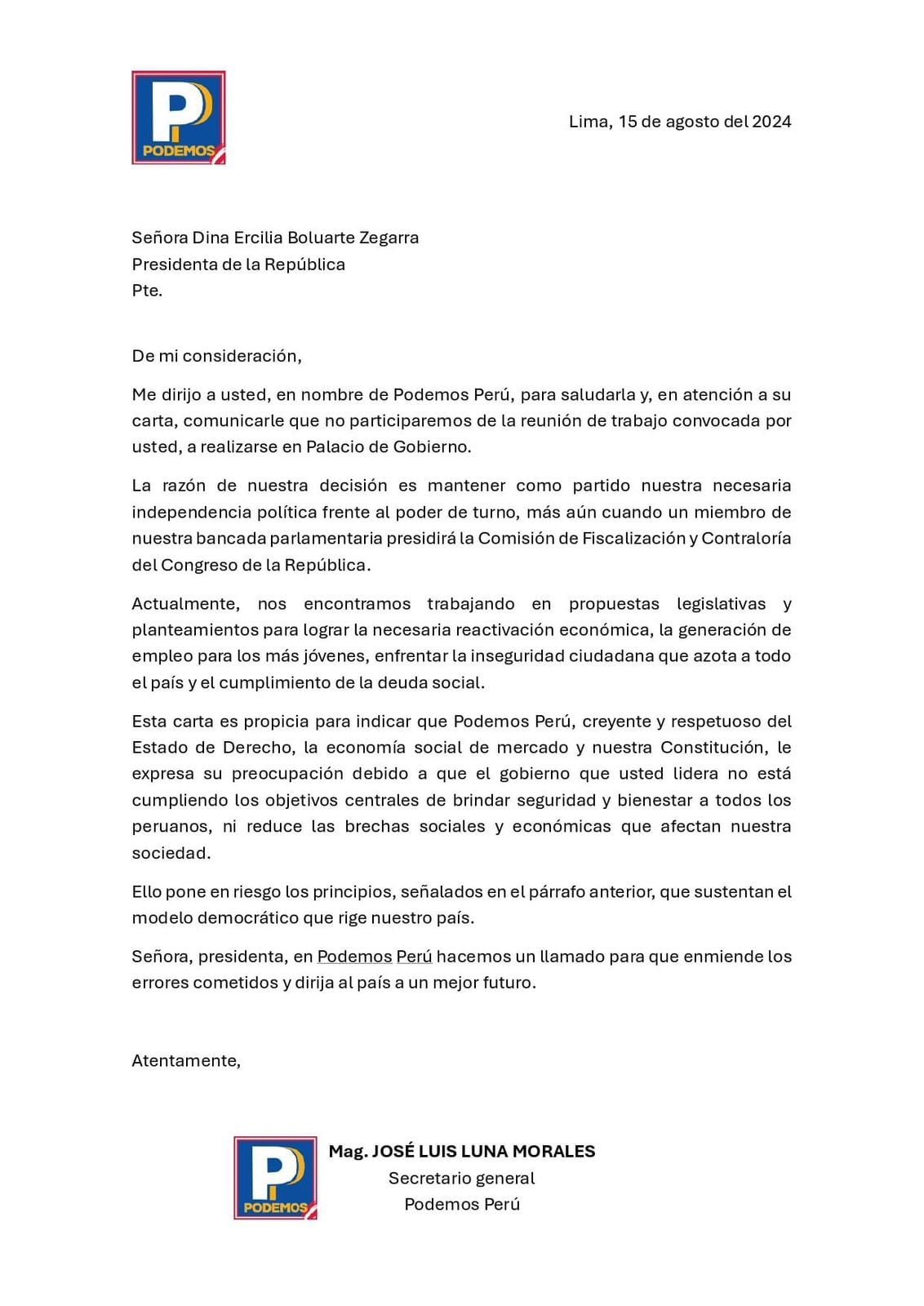 Comunicado de Podemos Perú